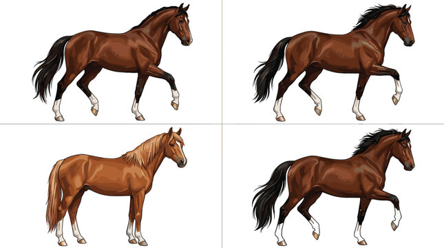 Beautiful Bay and Chestnut Horse Vector Collection Showing Majestic Stallions Trotting and Standing for Equestrian Sport, Farm, and Nature Designs