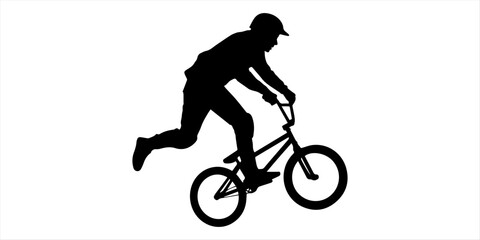Obraz premium BMX Rider Silhouette Vector – Extreme Bicycle Stunt Athlete Black Icon for Sports and Action Design Cyclist Performing BMX Trick Silhouette – Freestyle Bike Rider Vector Illustration for Urban Sports 