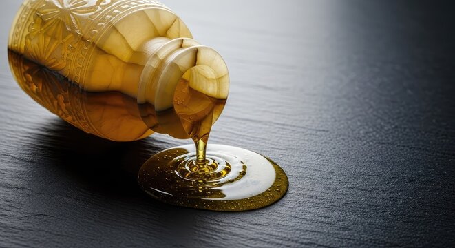 An ancient style alabaster jar lying on its side with translucent golden oil spilling across a dark stone surface under soft ambient light, pottery, precious, reflection