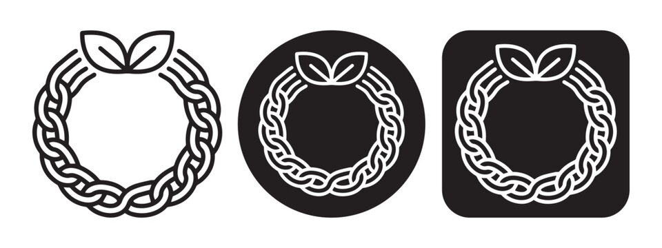 Braided eco wreath vector icon set with circular woven pattern and leaves, representing organic certification, natural awards, and environmental sustainability.