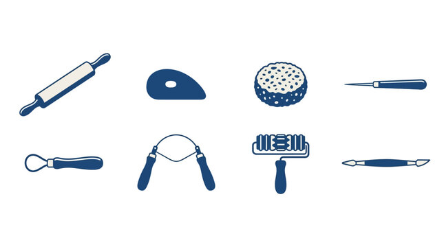 Kitchen baking utensils and tools set including rolling pin, rock, sponge, needle, whisk, roller, scissors, roller, and pen - kitchen, dessert, baking equipment, pastry, culinary.
