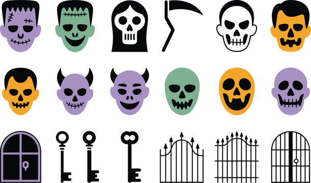 Set of halloween icons featuring skulls monsters gates and old keys in flat design style