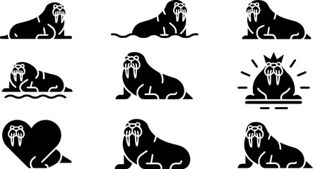Collection of various walrus silhouettes in different poses and expressions on white background © SAYEDAJANNATUL