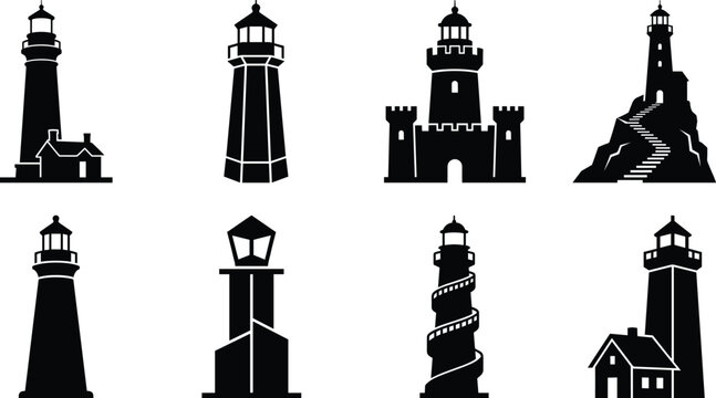 Black Lighthouse Silhouette Icons Set Isolated on White Background for Logo and Design Projects