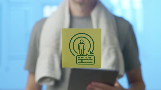 Fitness coach with a towel using a tablet to create a personalized training program, placing a sticker on a transparent surface to illustrate the workout plan concept for a client
