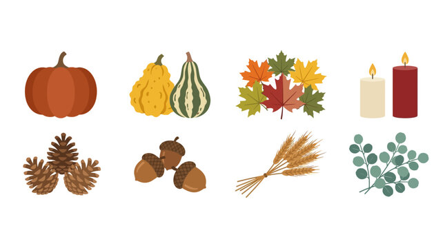 Autumn seasonal harvest and nature icons including pumpkin gourds fall leaves candles pinecones acorns wheat and eucalyptus for thanksgiving thanksgiving celebration