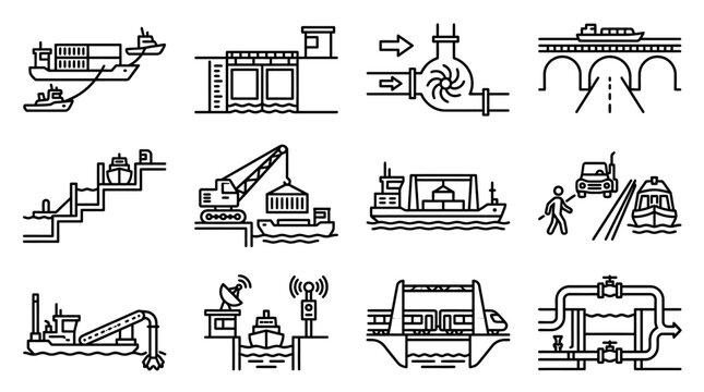 Waterway Infrastructure Icons: Ships, Locks, Bridges, Pumps, Cranes, Tunnels