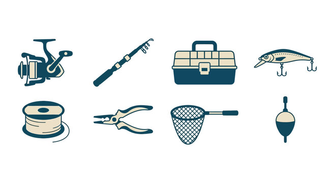 Fishing gear set with reel rod tackle box fish lures net and bobber for outdoor fishing activity - fishing equipment collection