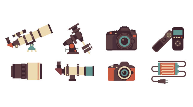 Collection of telescopes cameras and astrophotography equipment for astronomy hobby and space exploration