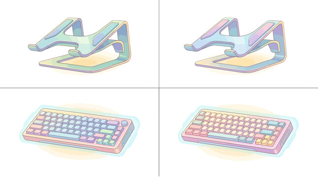 Colorful pastel-shaped keyboard and computer accessories illustration, modern tech gadgets, digital workspace setup for work or gaming, vibrant office decor, creative electronics
