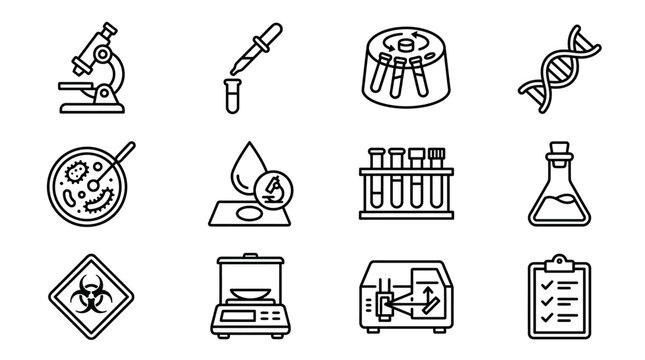 Science and Technology Icons: Microscope, DNA, Lab Equipment, Research Symbols