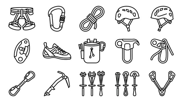 Climbing Gear Icons Set: Harness, Carabiner, Rope, Helmets, Shoes, Ice Axe, Cams