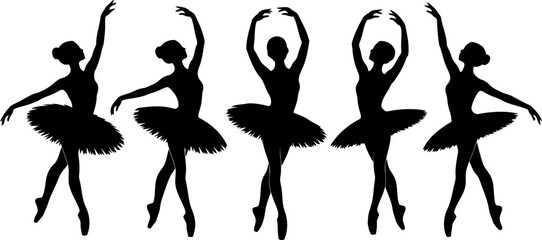 Five black silhouettes of ballerinas in various dance poses on white background © SAYEDAJANNATUL