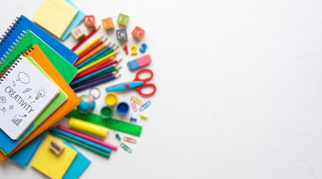 Colorful educational supplies on a white desk. School stationery and tools.
