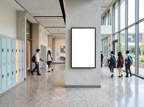 Vertical blank digital screen on a school hallway wall with students walking to their classes.