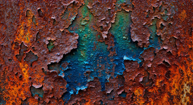 Abstract texture of rusted metal with blue-green corrosion