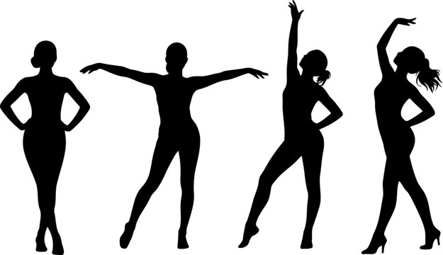 Four women in different dance poses in black silhouette on white background