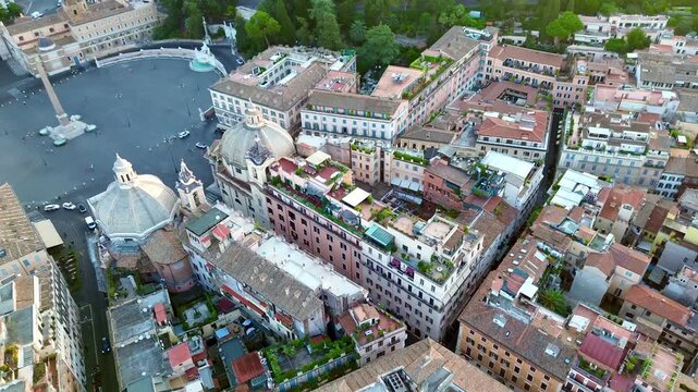Aerial drone view of Piazza del Popolo and the Flaminio obelisk at sunrise, Rome, Italy