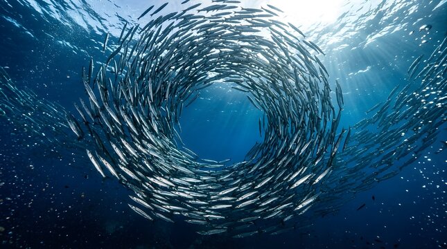 Large school of silver barracuda fish swimming in a circular vortex underwater