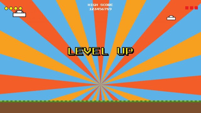 Retro 8-Bit Pixel Art Level Up Message with Rotating Sunburst Animation
