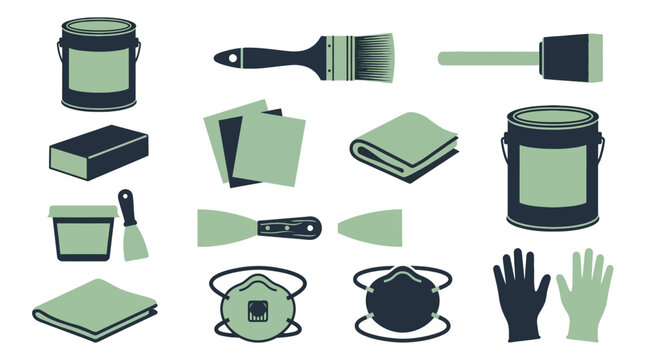 Home renovation tools and supplies: paintbrush, paint cans, scraper, roller, sponge, towels, jars, gloves, mask, knife, and cleaning spray for painting and DIY projects