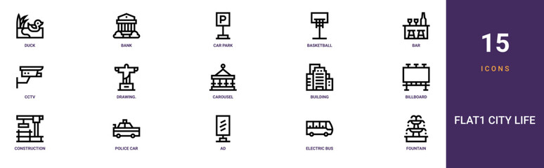 Set of 15 outline web Flat1 City Life icons such as fountain, electric bus, Ad, police car, construction, billboard, building vector icons for report, presentation, diagram, web design, mobile app © Nijat