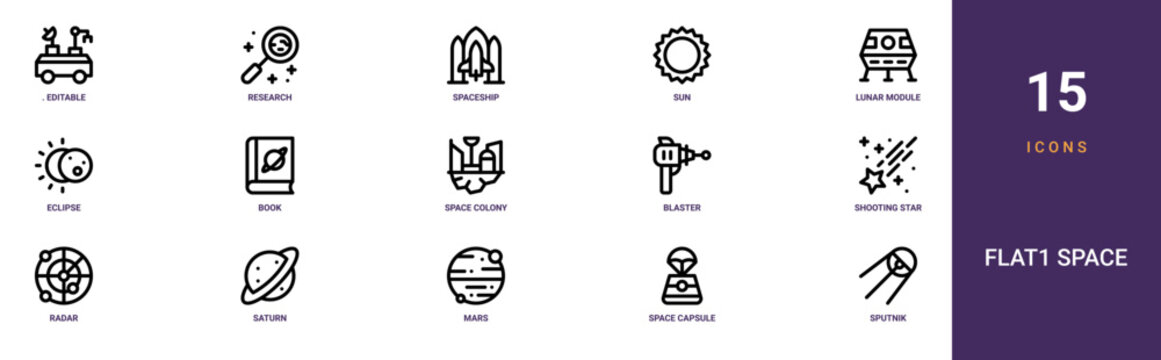 Set of 15 outline web Flat1 Space icons such as sputnik, space capsule, mars, saturn, radar, shooting star, blaster vector icons for report, presentation, diagram, web design, mobile app