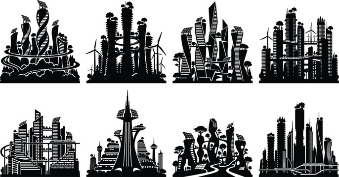 Black silhouettes of futuristic green city skylines with solar panels and wind turbines on white background