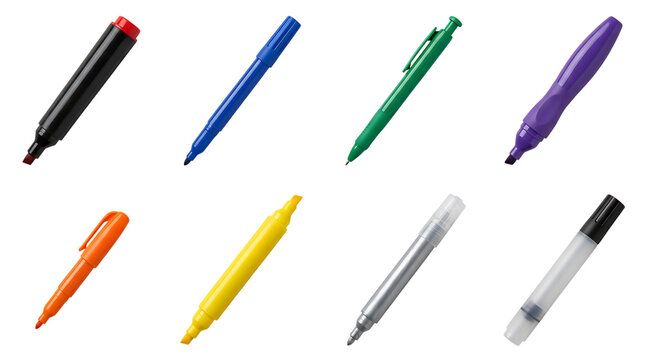Set of colorful felt tip pens and permanent markers isolated on transparent background for projects
