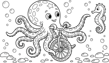 Cute octopus riding a unicycle underwater coloring page line art © Khadija