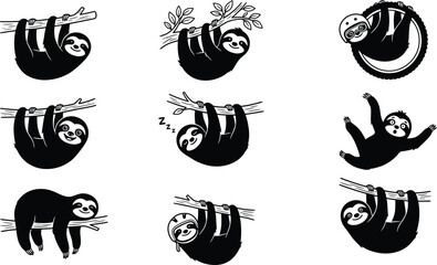 Cute sloth silhouette icon set hanging on branches vector illustration © Khadija