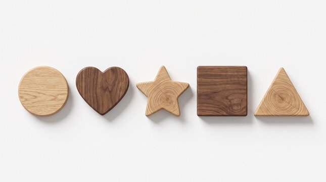 A clean premium 3D isometric graphic asset displaying five basic wooden shapes (circle, heart, star, square, triangle) with no faces or limbs, lined up in a straight horizontal line on a white backgro