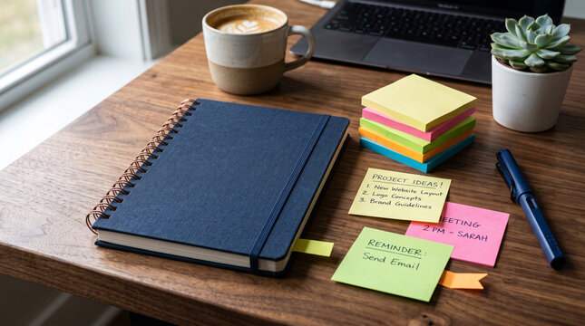 Creative workspace with notebook and sticky notes planning. Flat lay desk setup for brainstorming and project management tasks.