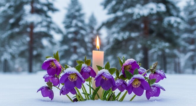 Burning Candle with Purple Hellebore Flowers Blooming in Snow