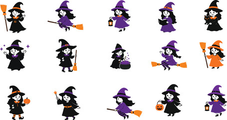 Set of cute little witch character icons for Halloween, flat vector illustration