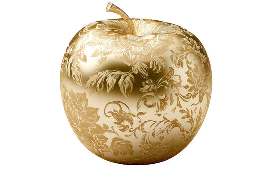 Elegant golden apple with intricate botanical engravings isolated on transparent background