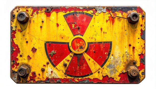 Weathered, rusty, warning sign with radiation symbol