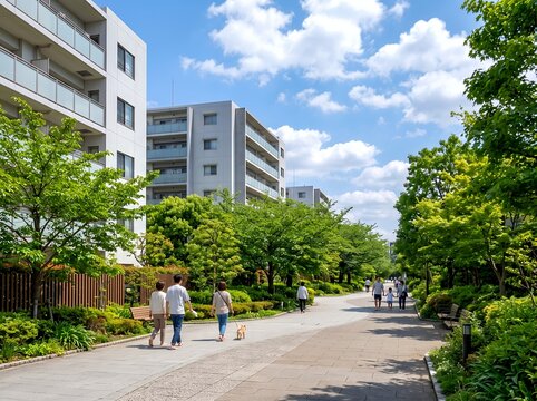 晴れた休日に並木道の公園を散歩する家族とマンションの街並み