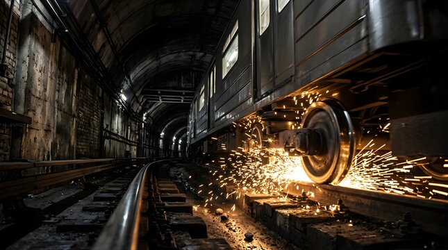 Subway train wheels sparking on metal rails in a dark underground tunnel