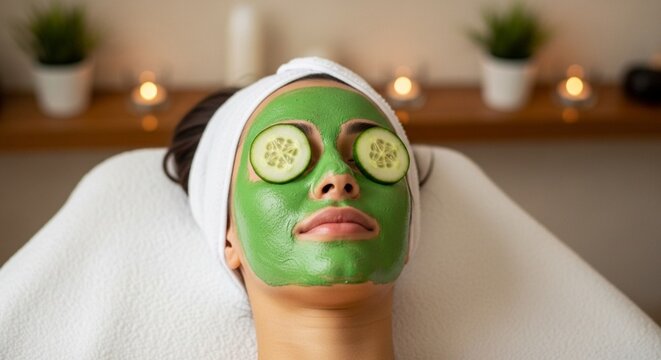 Woman with Green Facial Clay Mask and Cucumber Slices at Spa