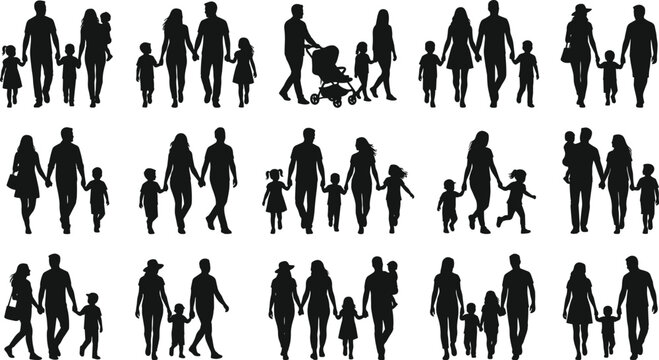 Black silhouettes of household recreation and youth playtime featuring active stepfathers teaching sports mothers training daughters and casual strolls