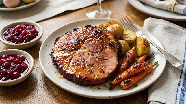 A close-up of a tender, juicy Easter ham glazed with maple syrup, served with roasted carrots, potatoes, and a side of cranberry sauce.
