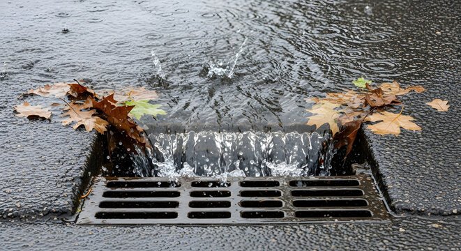 Rainwater flowing into a street storm drain. Splashing water and fallen autumn leaves around a metal grate on wet asphalt