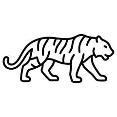 Fototapeta premium Minimalist tiger walking line art illustration. Simple striped big cat vector icon for wildlife design projects.
