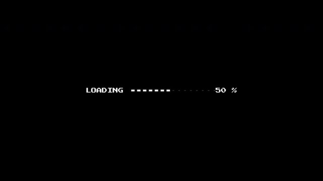 Retro 8-bit loading bar progress animation with pixel percentage on black background.