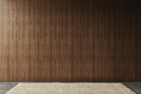 Dark walnut wood paneled wall with beige carpeted floor