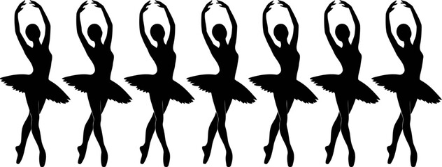 Silhouettes of multiple elegant ballerinas in various dance poses on white background © SAYEDAJANNATUL