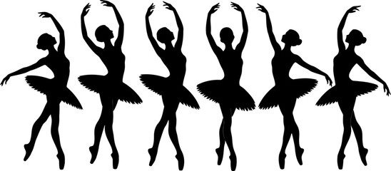 Six black silhouettes of ballet dancers in various poses on white background © SAYEDAJANNATUL