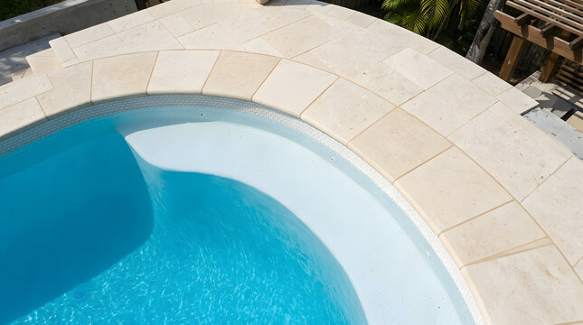 Travertine pool coping stone installation | Modern swimming pool deck design | Outdoor stone pavers for pool area | Luxury swimming pool construction details