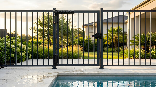 Modern black metal pool safety fence | Self-closing pool gate with heavy duty springs | Child safety gate for residential swimming pools | Backyard pool security fencing and latches
